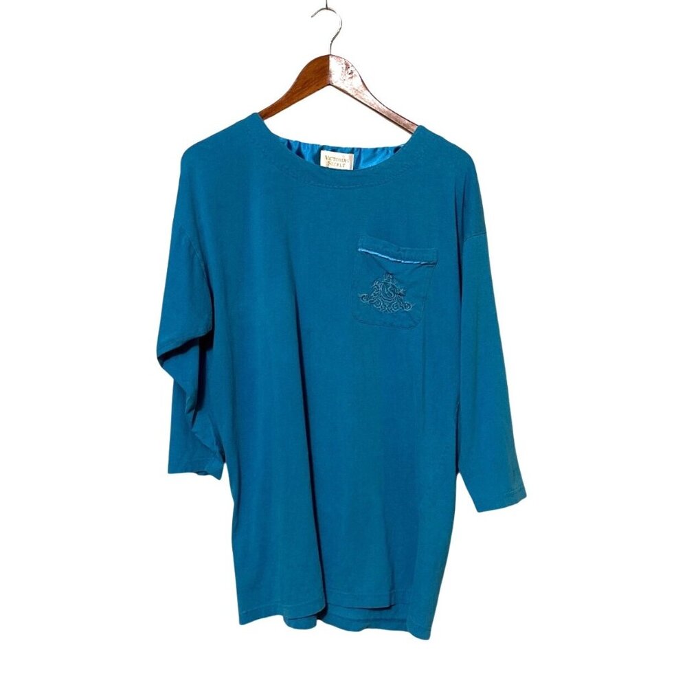 Vtg Victorias Secret Teal  Pocket T-Shirt Soft Cotton Embroidered Sleep Shirt
